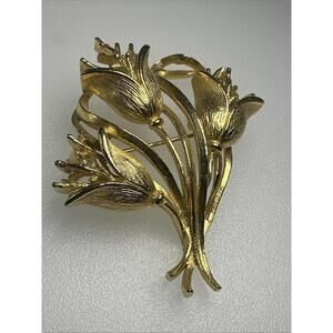 Vtg LISNER Tulips Flowers Gold Plate Brooch Pin Signed 2”